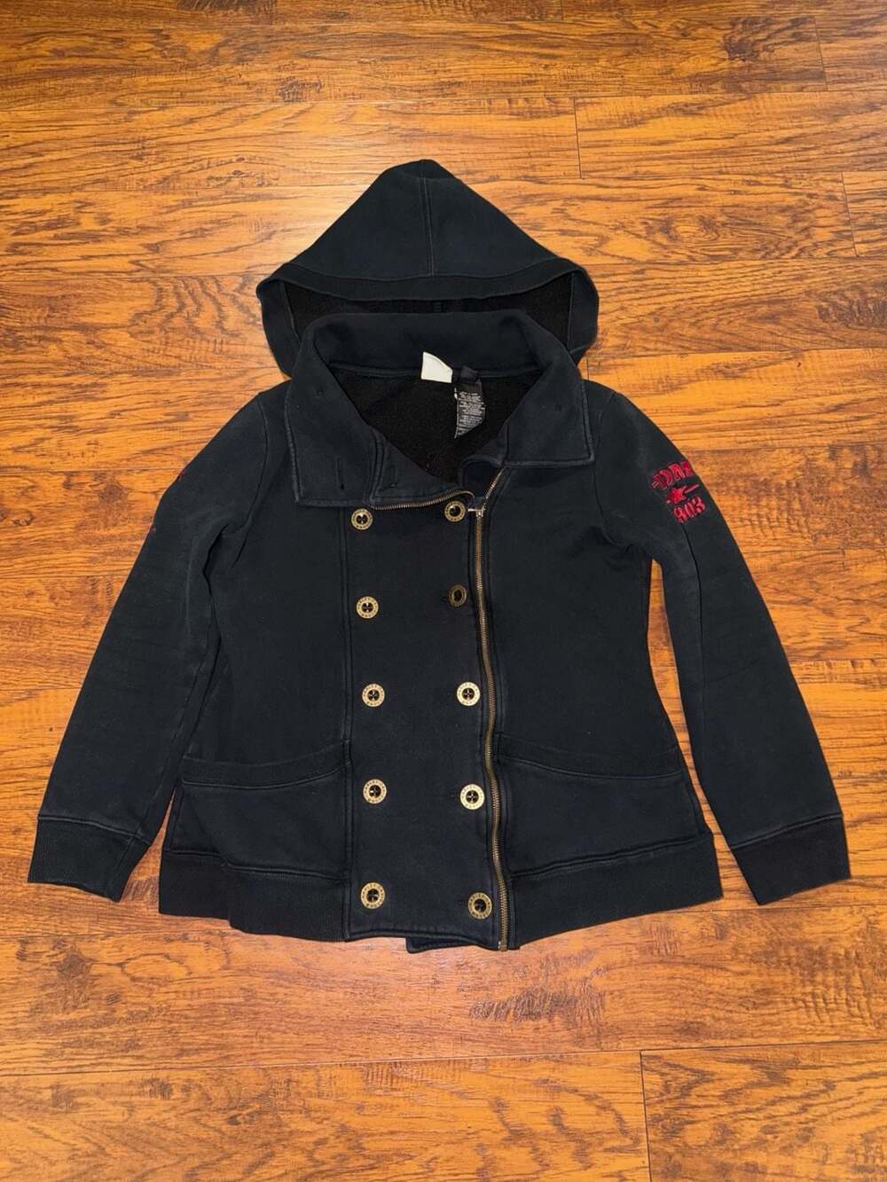Harley Davidson Hooded Pea Coat Jacket Black Fleece Sweatshirt